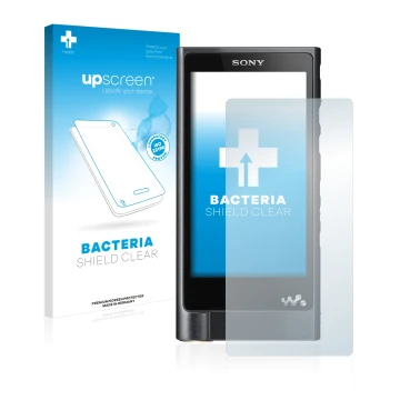 Vorderseite einer Produktverpackung mit dem Markenlogo upscreen. Daneben ist das Gerät Sony Walkman NW-ZX2 mit dem zugehörigen