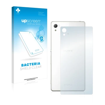 Vorderseite einer Produktverpackung mit dem Markenlogo upscreen. Daneben ist das Gerät Sony Xperia Z4 (Rückseite) mit dem zuge