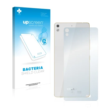 Vorderseite einer Produktverpackung mit dem Markenlogo upscreen. Daneben ist das Gerät BLU Vivo Air (Rückseite) mit dem zugehö