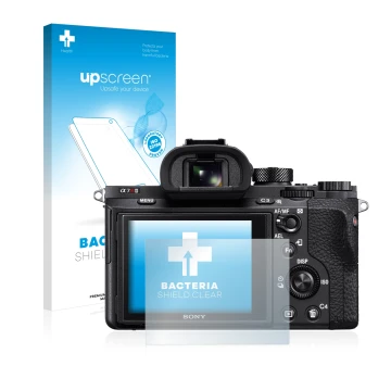 Vorderseite einer Produktverpackung mit dem Markenlogo upscreen. Daneben ist das Gerät Sony Alpha 7R II mit dem zugehörigen Di