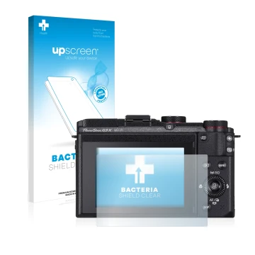 Vorderseite einer Produktverpackung mit dem Markenlogo upscreen. Daneben ist das Gerät Canon PowerShot G3 X mit dem zugehörige