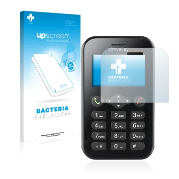 Vorderseite einer Produktverpackung mit dem Markenlogo upscreen. Daneben ist das Gerät Simvalley Mobile RX-484 Pico mit dem zu