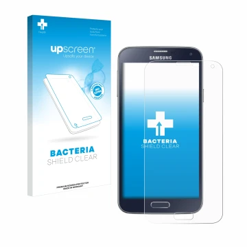 Vorderseite einer Produktverpackung mit dem Markenlogo upscreen. Daneben ist das Gerät Samsung Galaxy S5 Neo mit dem zugehörig