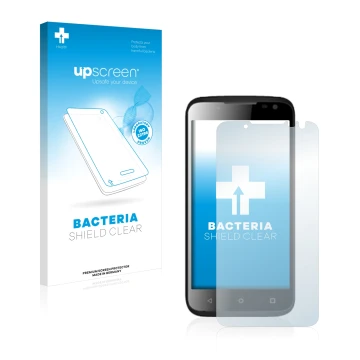 Vorderseite einer Produktverpackung mit dem Markenlogo upscreen. Daneben ist das Gerät Yezz Andy 4.5EL mit dem zugehörigen Dis