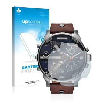 Vorderseite einer Produktverpackung mit dem Markenlogo upscreen. Daneben ist das Gerät Diesel DZ7314 Mr. Daddy mit dem zugehör