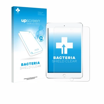 Vorderseite einer Produktverpackung mit dem Markenlogo upscreen. Daneben ist das Gerät Apple iPad Mini 4 2015 mit dem zugehöri