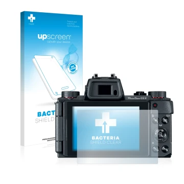 Vorderseite einer Produktverpackung mit dem Markenlogo upscreen. Daneben ist das Gerät Canon PowerShot G5 X mit dem zugehörige