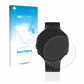 Vorderseite einer Produktverpackung mit dem Markenlogo upscreen. Daneben ist das Gerät Garmin Forerunner 235 mit dem zugehörig