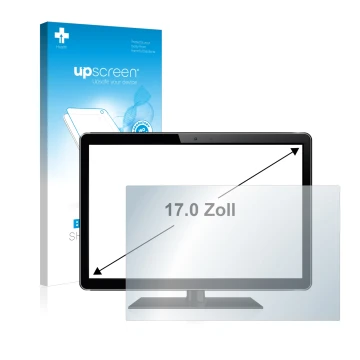 Vorderseite einer Produktverpackung mit dem Markenlogo upscreen. Daneben ist das Gerät mit dem zugehörigen Displayschutz abgeb