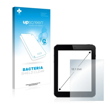 Vorderseite einer Produktverpackung mit dem Markenlogo upscreen. Daneben ist das Gerät mit dem zugehörigen Displayschutz abgeb