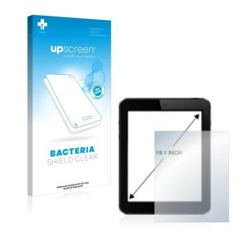 Vorderseite einer Produktverpackung mit dem Markenlogo upscreen. Daneben ist das Gerät mit dem zugehörigen Displayschutz abgeb
