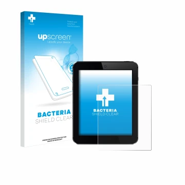 Vorderseite einer Produktverpackung mit dem Markenlogo upscreen. Daneben ist das Gerät mit dem zugehörigen Displayschutz abgeb