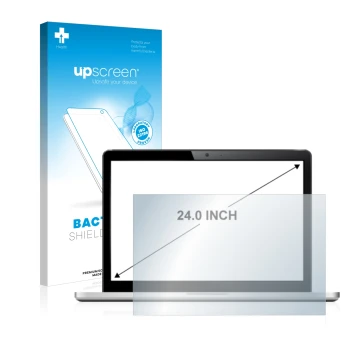Vorderseite einer Produktverpackung mit dem Markenlogo upscreen. Daneben ist das Gerät mit dem zugehörigen Displayschutz abgeb
