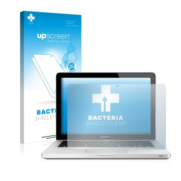 Vorderseite einer Produktverpackung mit dem Markenlogo upscreen. Daneben ist das Gerät Apple MacBook Pro 13