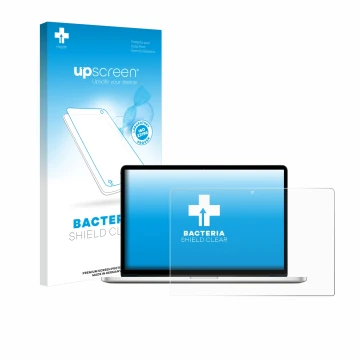 Vorderseite einer Produktverpackung mit dem Markenlogo upscreen. Daneben ist das Gerät Apple MacBook Pro Retina 15