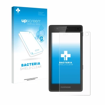 Vorderseite einer Produktverpackung mit dem Markenlogo upscreen. Daneben ist das Gerät Fairphone 2 mit dem zugehörigen Display