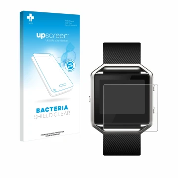 Vorderseite einer Produktverpackung mit dem Markenlogo upscreen. Daneben ist das Gerät Fitbit Blaze mit dem zugehörigen Displa