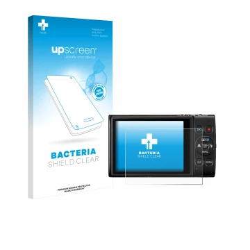 Vorderseite einer Produktverpackung mit dem Markenlogo upscreen. Daneben ist das Gerät Canon Digital Ixus 285 hs mit dem zugeh