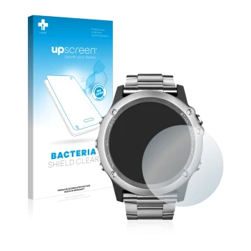 Vorderseite einer Produktverpackung mit dem Markenlogo upscreen. Daneben ist das Gerät Garmin Fenix 3 Saphir mit dem zugehörig