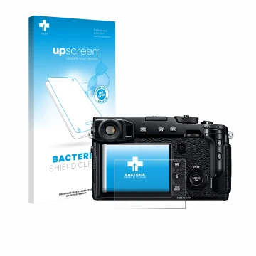 Vorderseite einer Produktverpackung mit dem Markenlogo upscreen. Daneben ist das Gerät Fujifilm X-Pro2 mit dem zugehörigen Dis