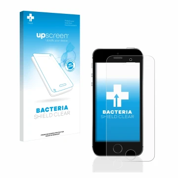 Vorderseite einer Produktverpackung mit dem Markenlogo upscreen. Daneben ist das Gerät Apple iPhone SE 2016 mit dem zugehörige