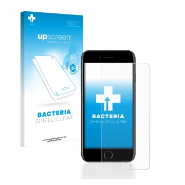 Vorderseite einer Produktverpackung mit dem Markenlogo upscreen. Daneben ist das Gerät Apple iPhone 7 mit dem zugehörigen Disp