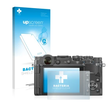 Vorderseite einer Produktverpackung mit dem Markenlogo upscreen. Daneben ist das Gerät Olympus PEN-F mit dem zugehörigen Displ