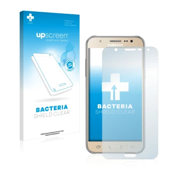 Vorderseite einer Produktverpackung mit dem Markenlogo upscreen. Daneben ist das Gerät Samsung Galaxy J7 2016 mit dem zugehöri