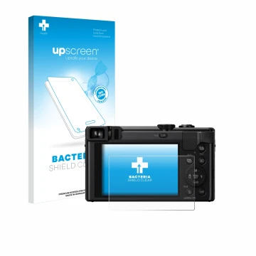 Vorderseite einer Produktverpackung mit dem Markenlogo upscreen. Daneben ist das Gerät Panasonic Lumix DMC-TZ80 mit dem zugehö