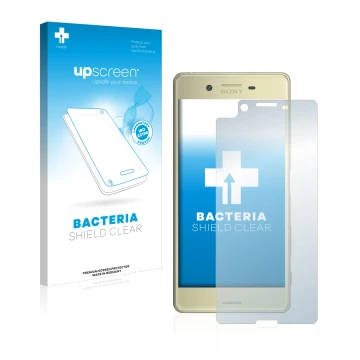 Vorderseite einer Produktverpackung mit dem Markenlogo upscreen. Daneben ist das Gerät Sony Xperia X mit dem zugehörigen Displ
