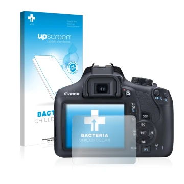 Vorderseite einer Produktverpackung mit dem Markenlogo upscreen. Daneben ist das Gerät Canon EOS 1300D mit dem zugehörigen Dis