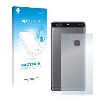 Vorderseite einer Produktverpackung mit dem Markenlogo upscreen. Daneben ist das Gerät Huawei P9 Plus (Rückseite) mit dem zuge