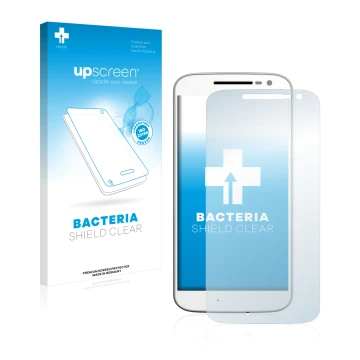 Vorderseite einer Produktverpackung mit dem Markenlogo upscreen. Daneben ist das Gerät Motorola Moto G4 mit dem zugehörigen Di