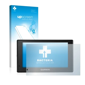 Vorderseite einer Produktverpackung mit dem Markenlogo upscreen. Daneben ist das Gerät Garmin DriveSmart 50 LMT-D mit dem zuge