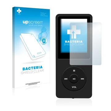 Vorderseite einer Produktverpackung mit dem Markenlogo upscreen. Daneben ist das Gerät AGPtek 8GB MP3-Player mit dem zugehörig