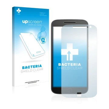 Vorderseite einer Produktverpackung mit dem Markenlogo upscreen. Daneben ist das Gerät Motorola Moto G4 Plus mit dem zugehörig