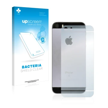 Vorderseite einer Produktverpackung mit dem Markenlogo upscreen. Daneben ist das Gerät Apple iPhone SE 2016 Rückseite (gesamte