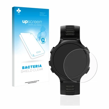 Vorderseite einer Produktverpackung mit dem Markenlogo upscreen. Daneben ist das Gerät Garmin Forerunner 735XT mit dem zugehör