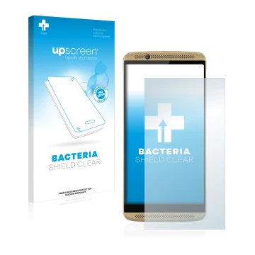 Vorderseite einer Produktverpackung mit dem Markenlogo upscreen. Daneben ist das Gerät ZTE Axon 7 mit dem zugehörigen Displays