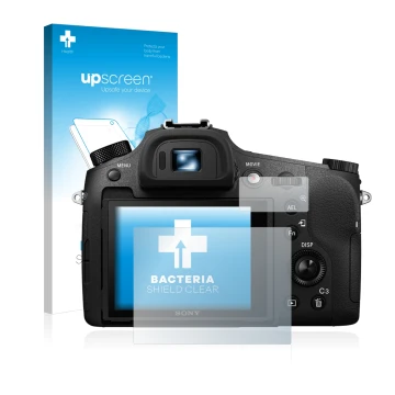 Vorderseite einer Produktverpackung mit dem Markenlogo upscreen. Daneben ist das Gerät Sony Cyber-Shot DSC-RX10 III mit dem zu