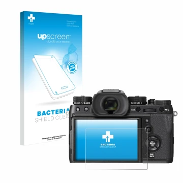 Vorderseite einer Produktverpackung mit dem Markenlogo upscreen. Daneben ist das Gerät Fujifilm X-T2 mit dem zugehörigen Displ