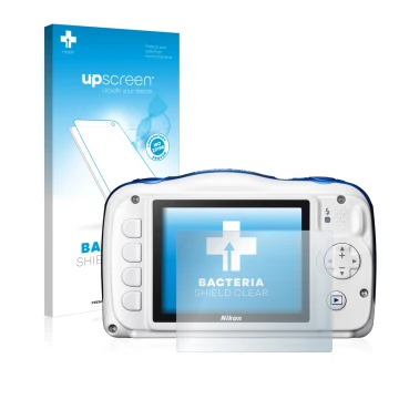 Vorderseite einer Produktverpackung mit dem Markenlogo upscreen. Daneben ist das Gerät Nikon Coolpix W100 mit dem zugehörigen 