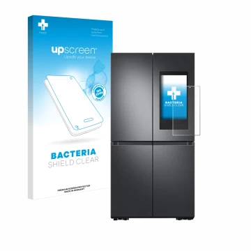 Vorderseite einer Produktverpackung mit dem Markenlogo upscreen. Daneben ist das Gerät Samsung Family Hub 21.5