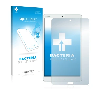 Vorderseite einer Produktverpackung mit dem Markenlogo upscreen. Daneben ist das Gerät Huawei MediaPad M3 8.4 mit dem zugehöri