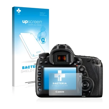 Vorderseite einer Produktverpackung mit dem Markenlogo upscreen. Daneben ist das Gerät Canon EOS 5D Mark IV mit dem zugehörige