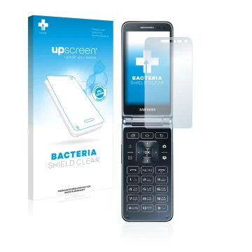 Vorderseite einer Produktverpackung mit dem Markenlogo upscreen. Daneben ist das Gerät Samsung Galaxy Folder 2 mit dem zugehör