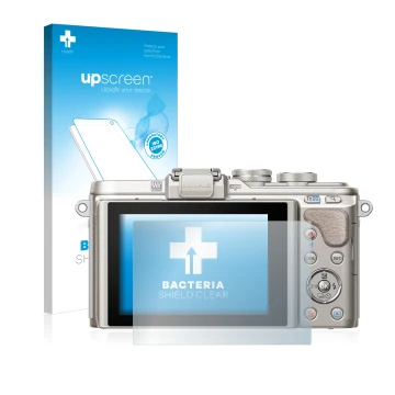 Vorderseite einer Produktverpackung mit dem Markenlogo upscreen. Daneben ist das Gerät Olympus PEN E-PL8 mit dem zugehörigen D