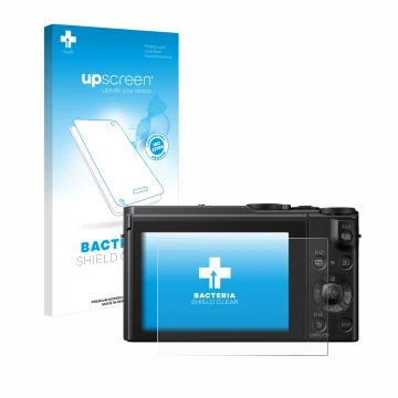 Vorderseite einer Produktverpackung mit dem Markenlogo upscreen. Daneben ist das Gerät Panasonic Lumix DMC-LX15 mit dem zugehö