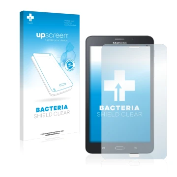 Vorderseite einer Produktverpackung mit dem Markenlogo upscreen. Daneben ist das Gerät Samsung Galaxy Tab A6 7.0 4G mit dem zu