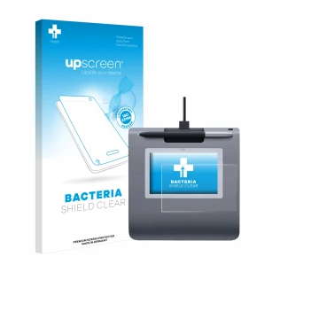 Vorderseite einer Produktverpackung mit dem Markenlogo upscreen. Daneben ist das Gerät Wacom STU-430 mit dem zugehörigen Displ